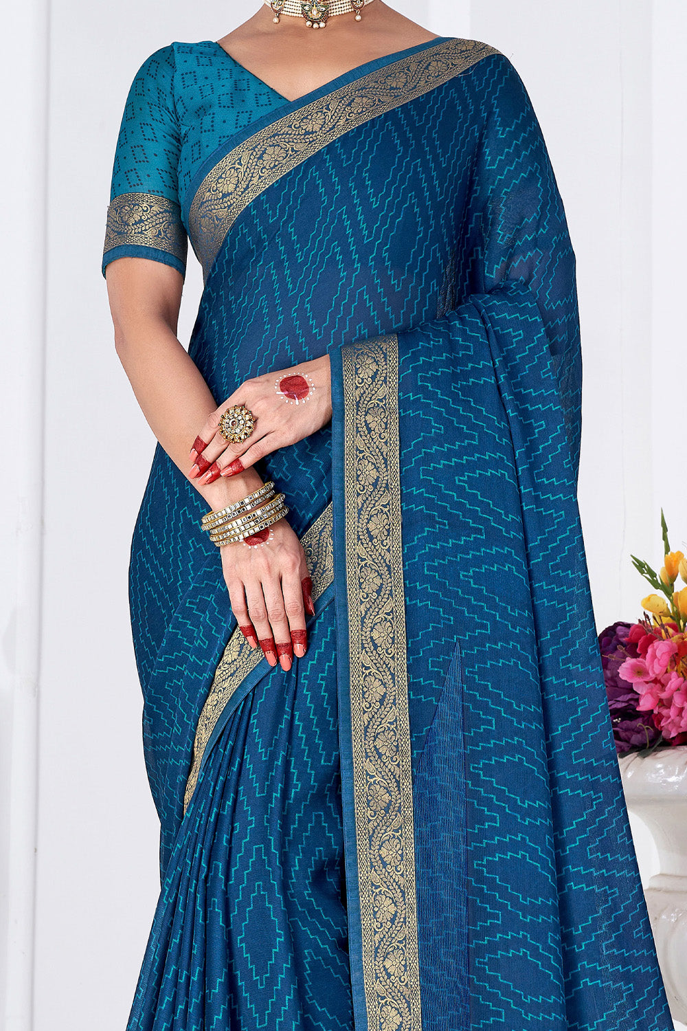 In-Sattva Women's Heritage Moss Chiffon Polka Dot Saree; Admiral Blue