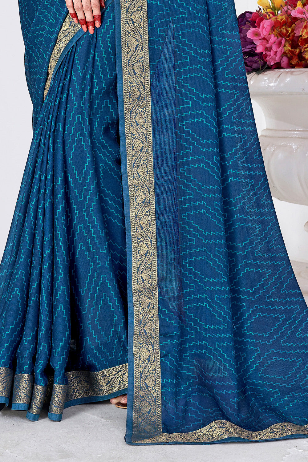 In-Sattva Women's Heritage Moss Chiffon Polka Dot Saree; Admiral Blue