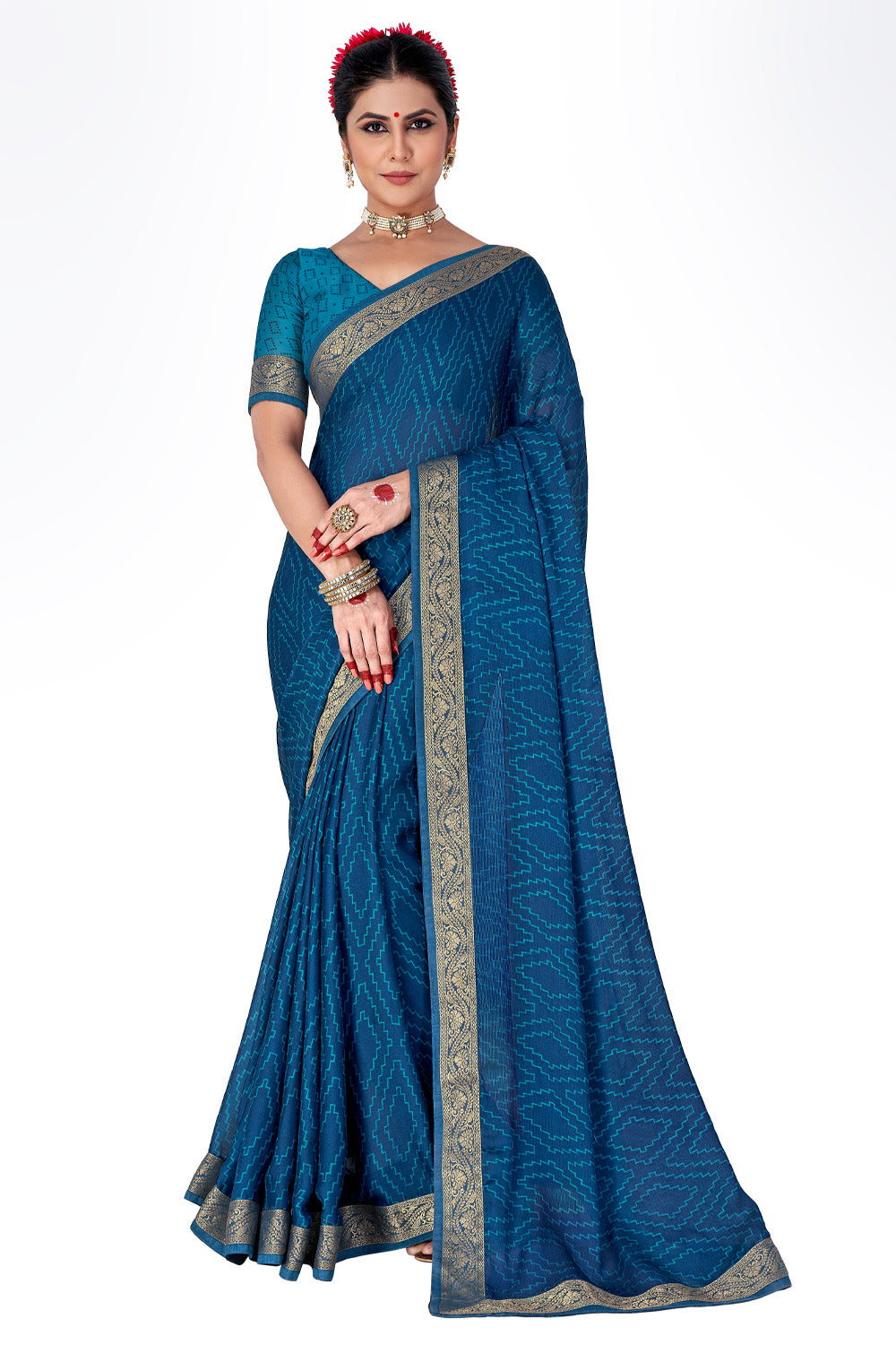 In-Sattva Women's Heritage Moss Chiffon Polka Dot Saree; Admiral Blue