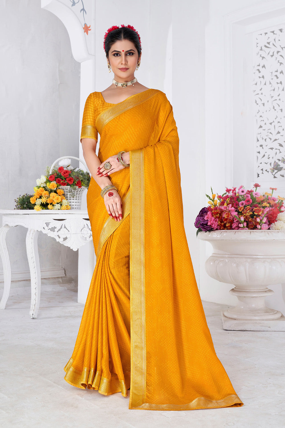 In-Sattva Women's Heritage Moss Chiffon Polka Dot Saree; Bronze Gold