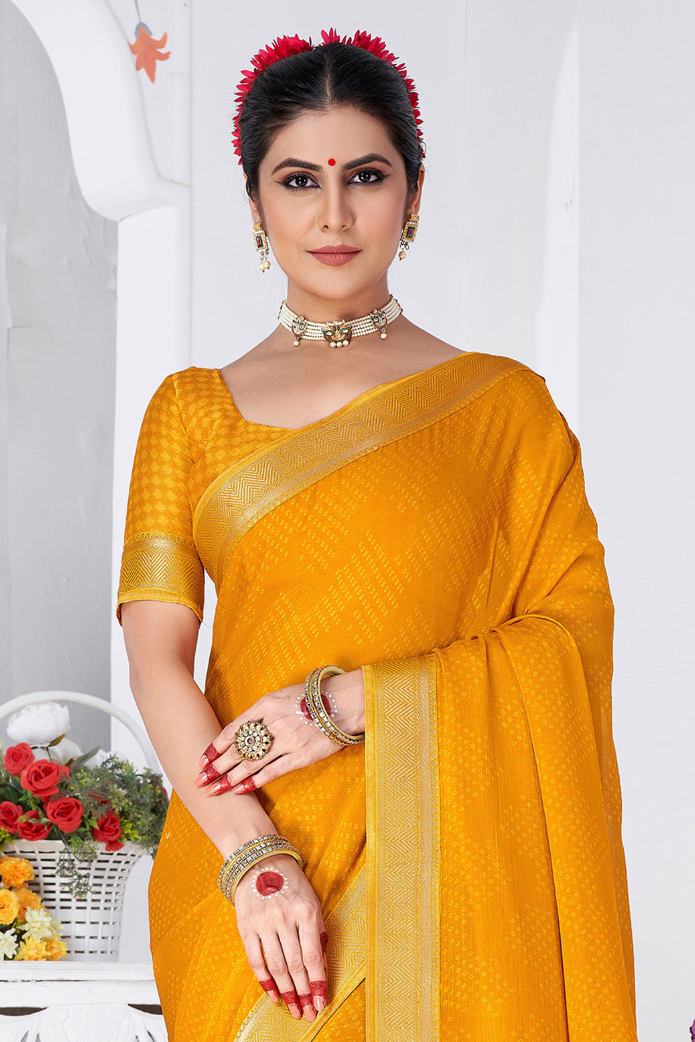 In-Sattva Women's Heritage Moss Chiffon Polka Dot Saree; Bronze Gold