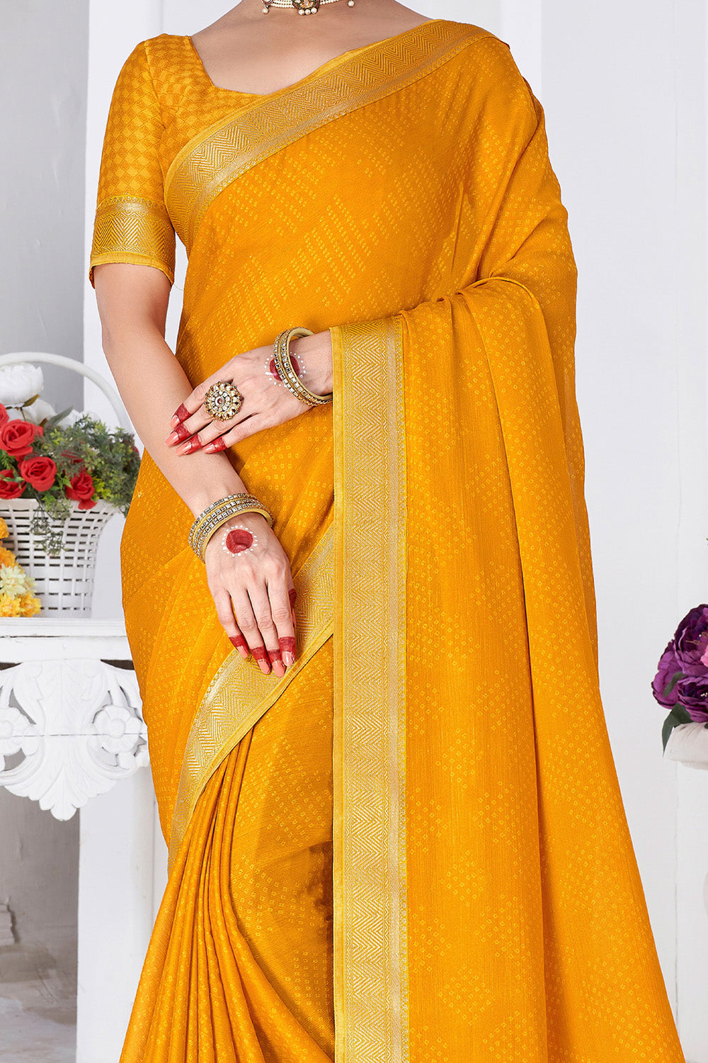 In-Sattva Women's Heritage Moss Chiffon Polka Dot Saree; Bronze Gold