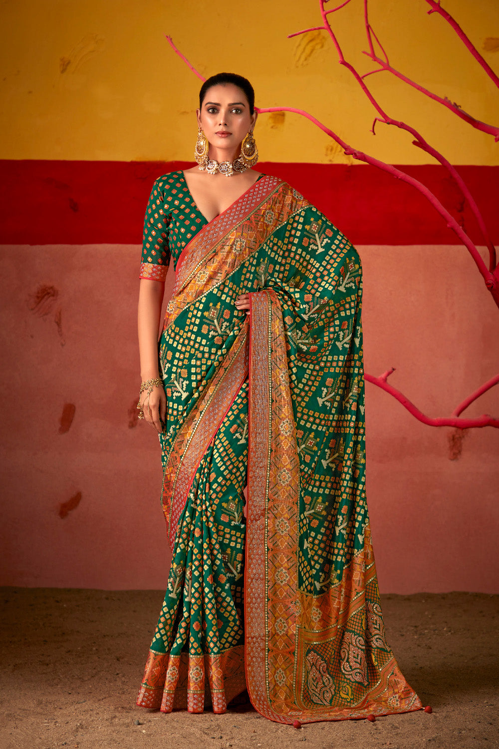 In-Sattva Women's Heritage Silk Polka Dot Saree; Fern Green