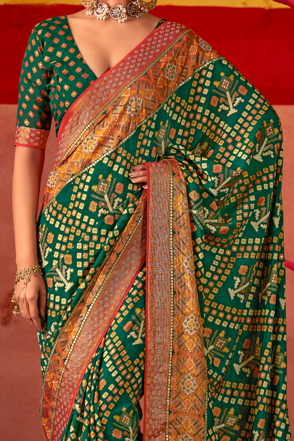 In-Sattva Women's Heritage Silk Polka Dot Saree; Fern Green