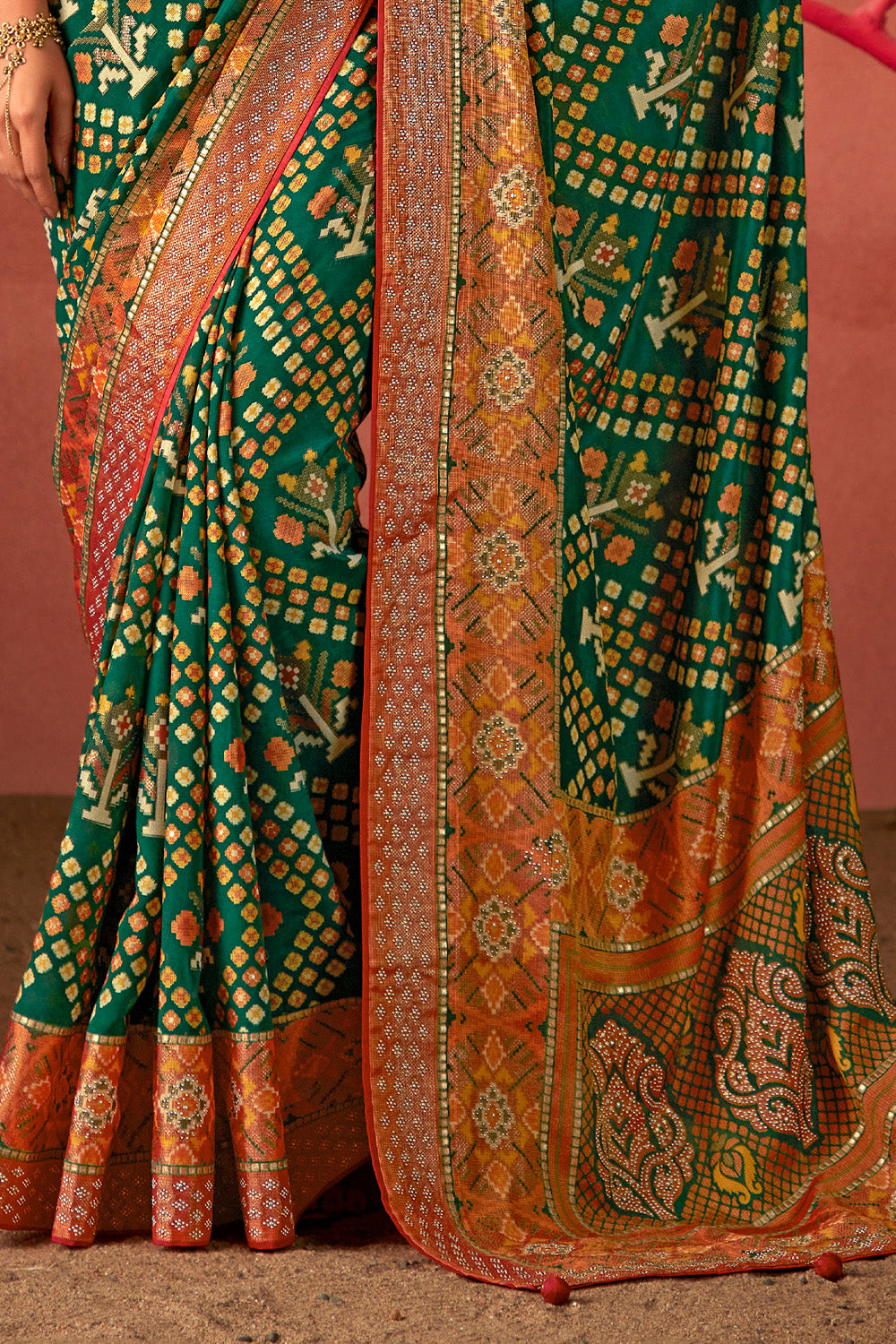 In-Sattva Women's Heritage Silk Polka Dot Saree; Fern Green