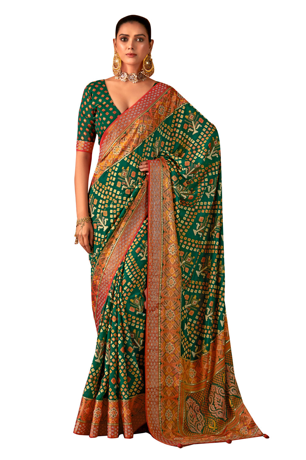 In-Sattva Women's Heritage Silk Polka Dot Saree; Fern Green