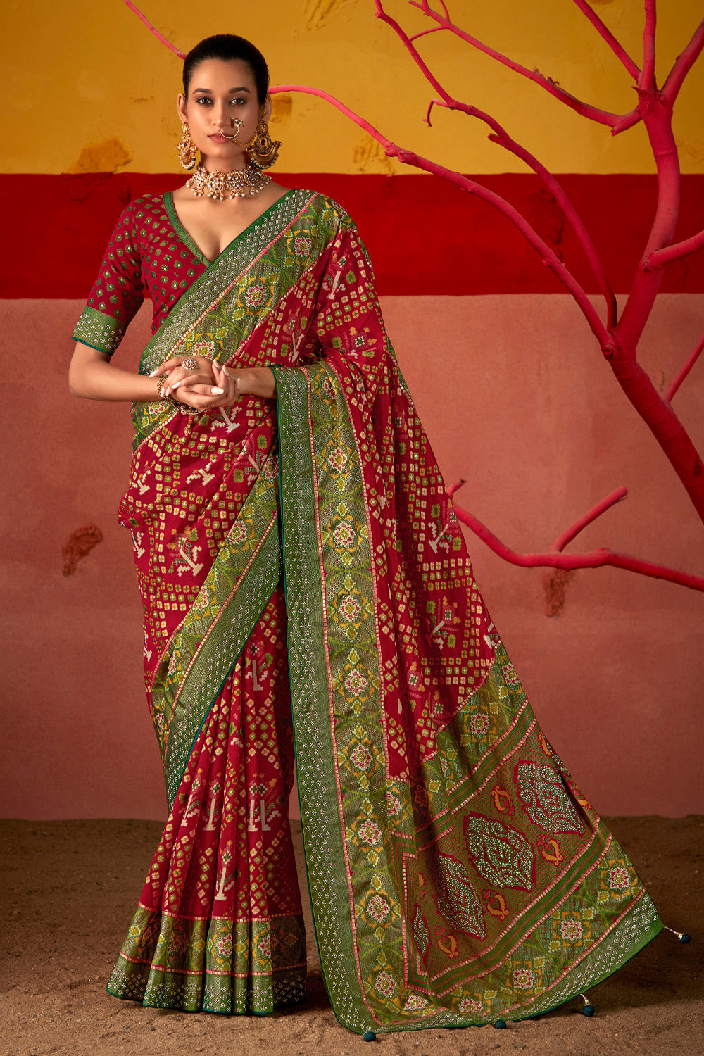 In-Sattva Women's Heritage Silk Polka Dot Saree; Rosewood Red