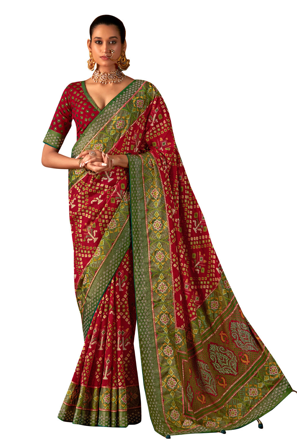 In-Sattva Women's Heritage Silk Polka Dot Saree; Rosewood Red