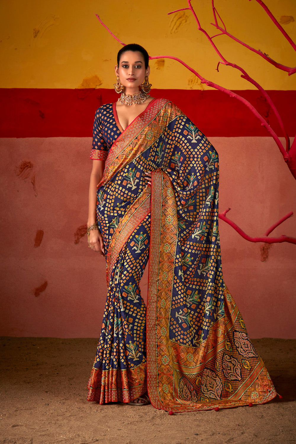 In-Sattva Women's Heritage Silk Polka Dot Saree; Night Blue