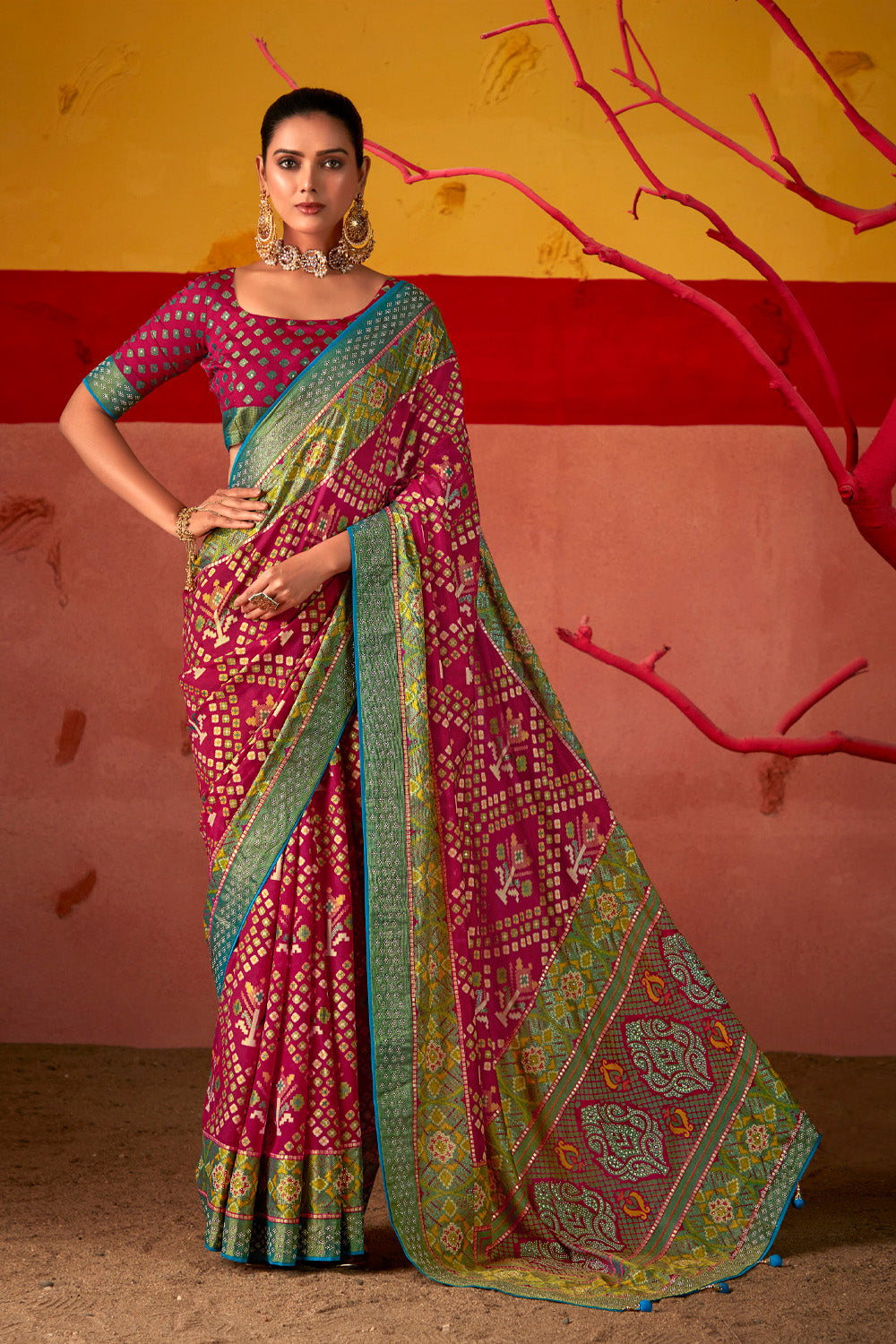 In-Sattva Women's Heritage Silk Polka Dot Saree; Vermillion Pink