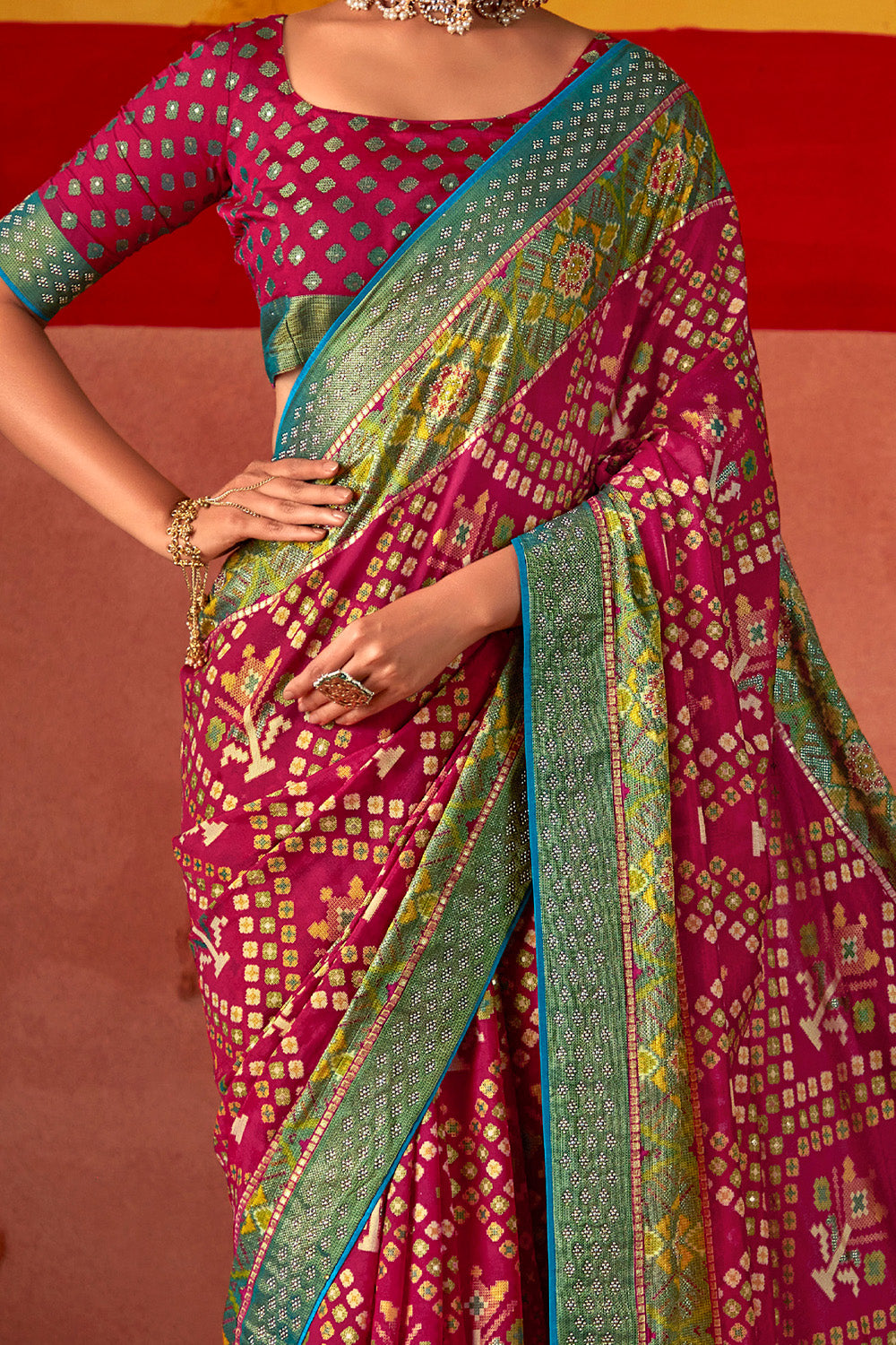 In-Sattva Women's Heritage Silk Polka Dot Saree; Vermillion Pink