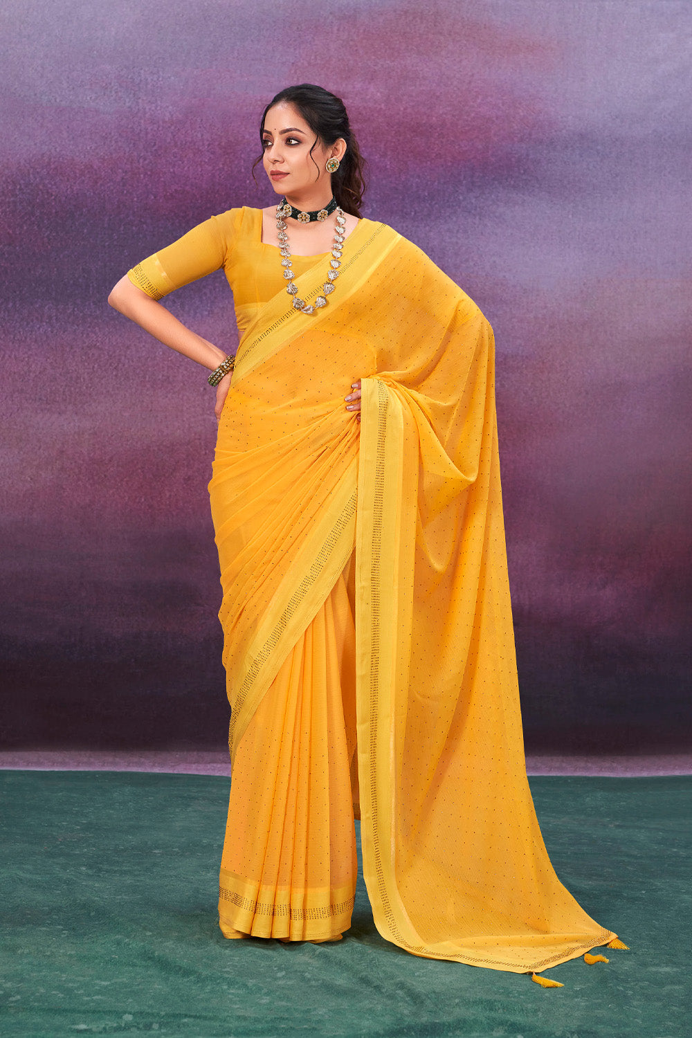 In-Sattva Women's Heritage Handloom Silk Chiffon Saree; Mustard Gold