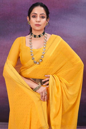 In-Sattva Women's Heritage Handloom Silk Chiffon Saree; Mustard Gold