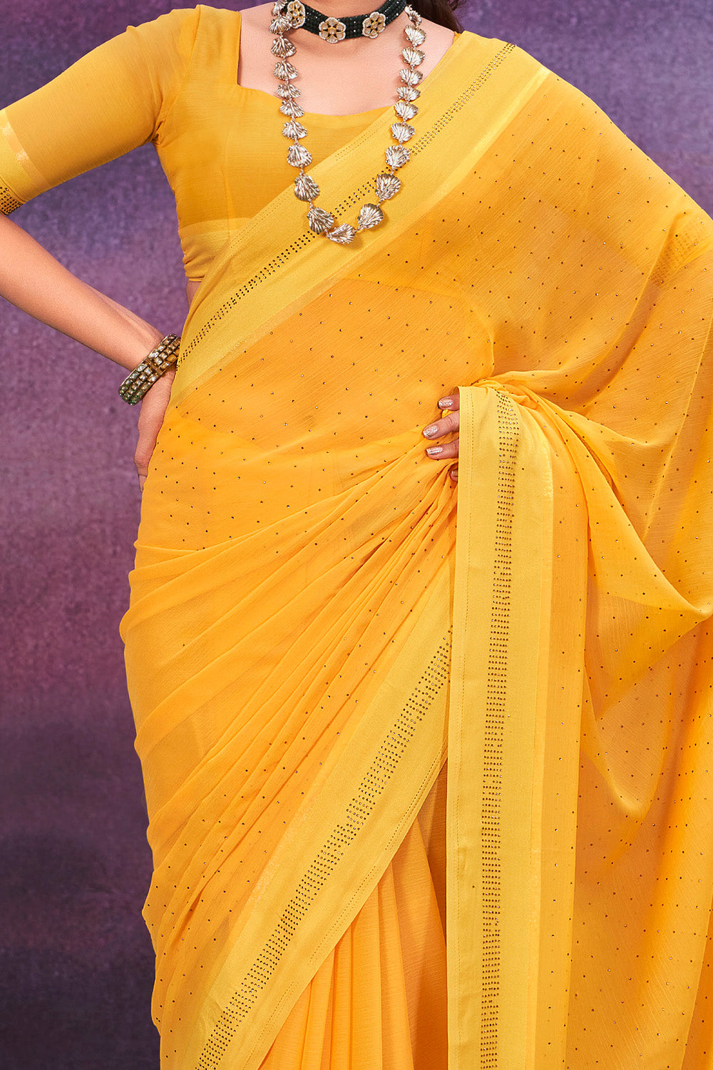 In-Sattva Women's Heritage Handloom Silk Chiffon Saree; Mustard Gold