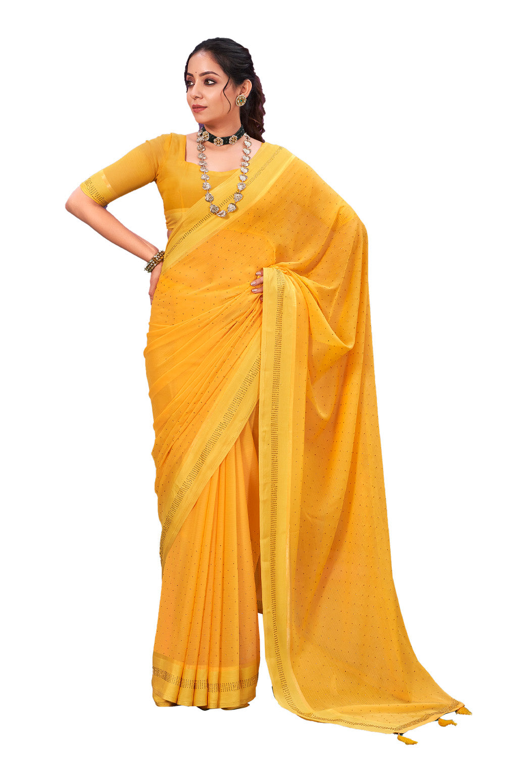 In-Sattva Women's Heritage Handloom Silk Chiffon Saree; Mustard Gold