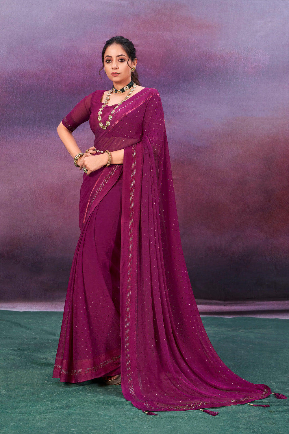 In-Sattva Women's Heritage Handloom Silk Chiffon Saree; Amethyst Lavender