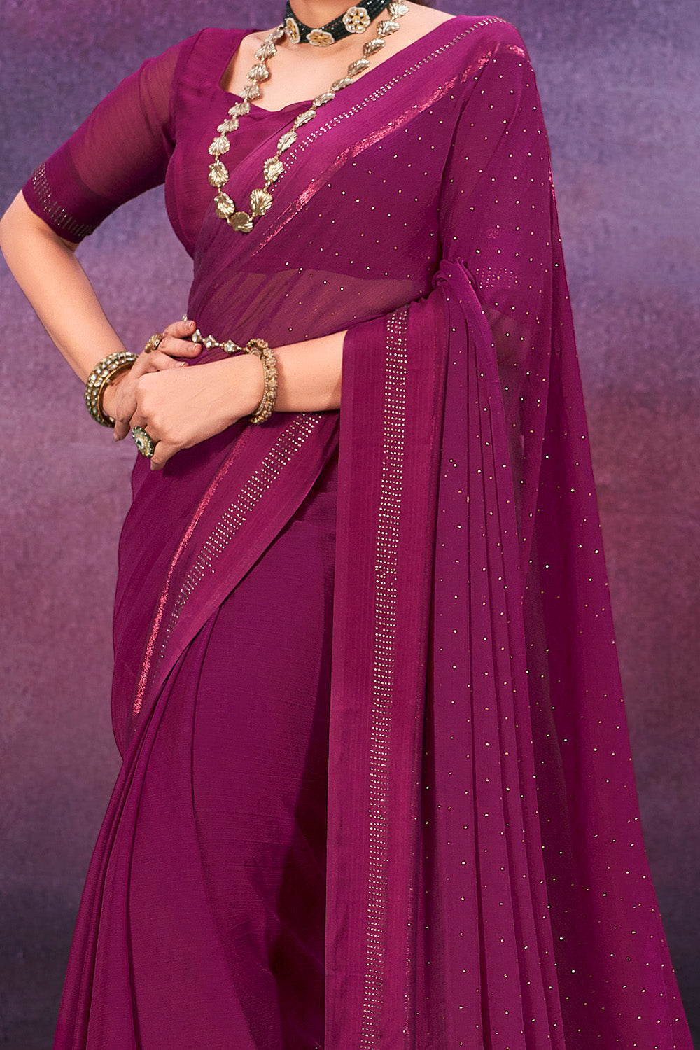 In-Sattva Women's Heritage Handloom Silk Chiffon Saree; Amethyst Lavender