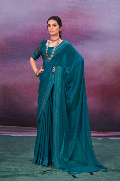 In-Sattva Women's Heritage Handloom Silk Chiffon Saree; Peacock Teal