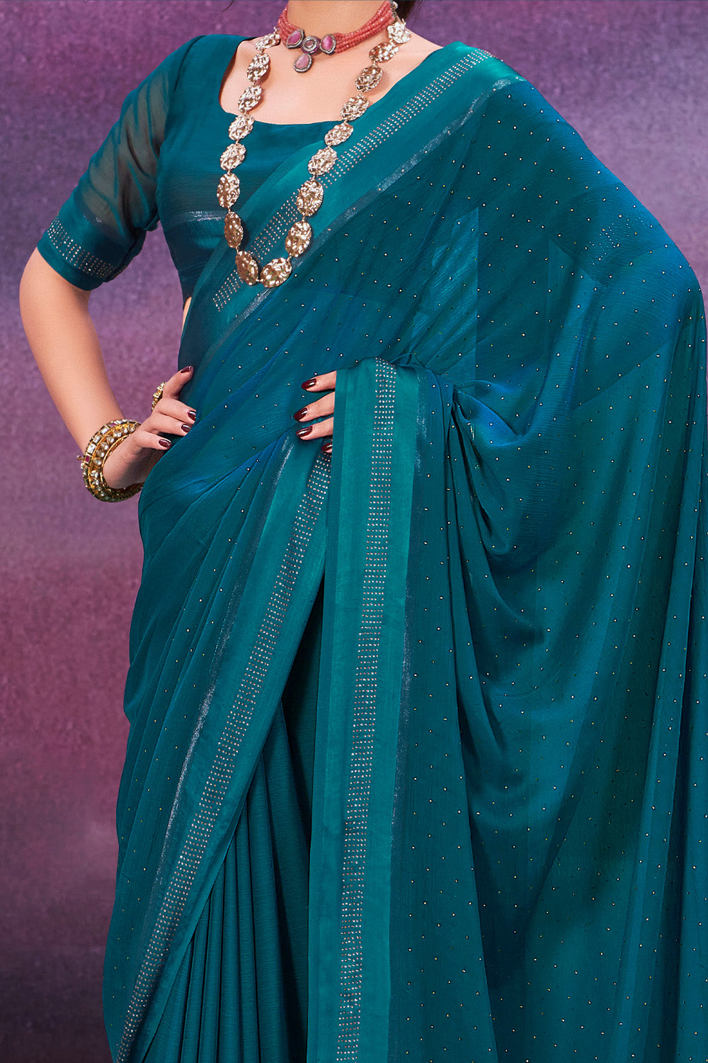 In-Sattva Women's Heritage Handloom Silk Chiffon Saree; Peacock Teal
