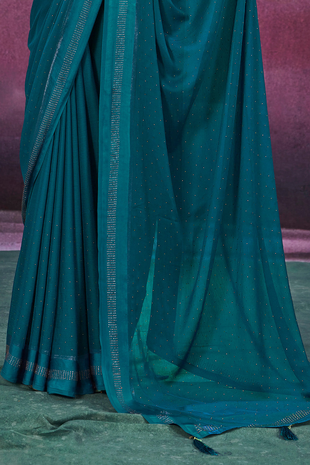 In-Sattva Women's Heritage Handloom Silk Chiffon Saree; Peacock Teal