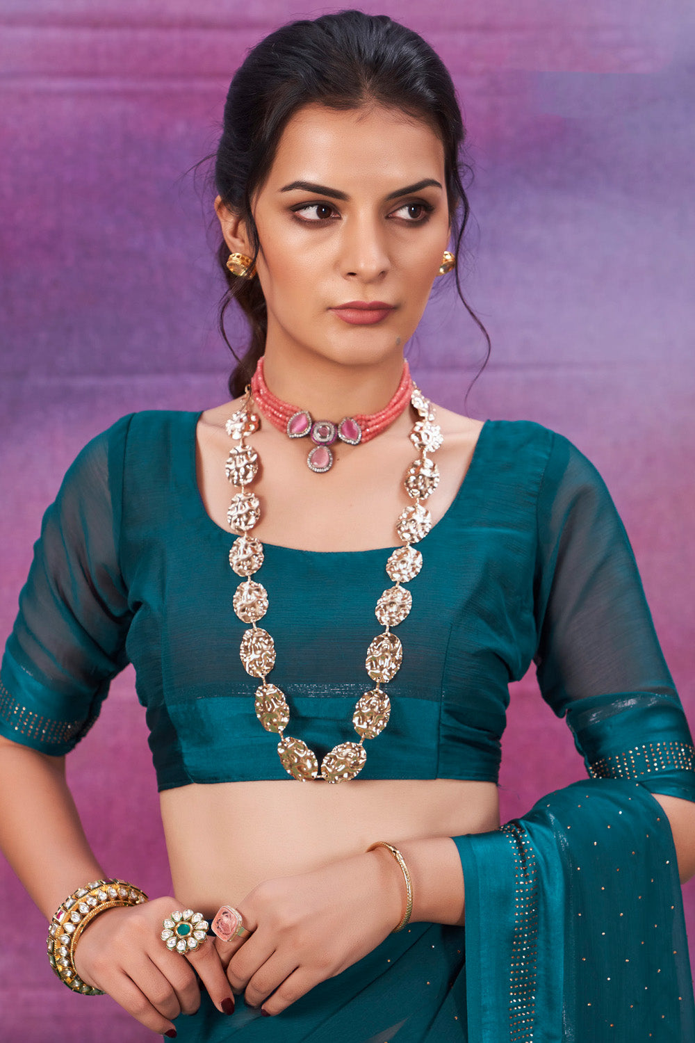 In-Sattva Women's Heritage Handloom Silk Chiffon Saree; Peacock Teal