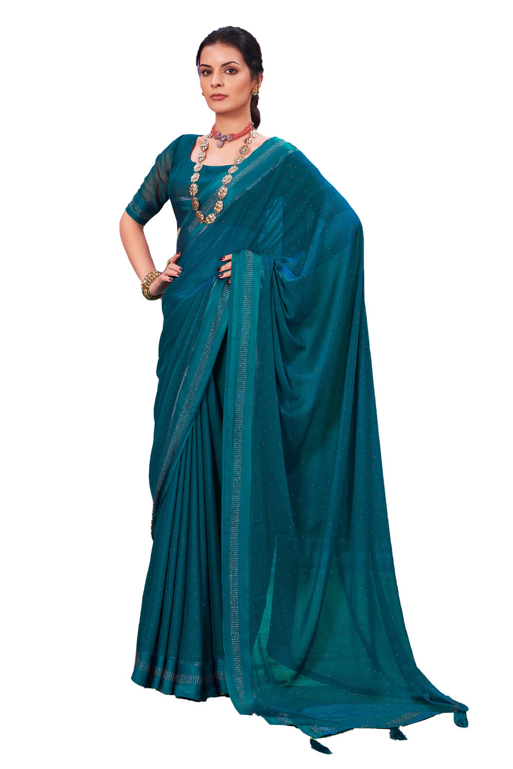 In-Sattva Women's Heritage Handloom Silk Chiffon Saree; Peacock Teal
