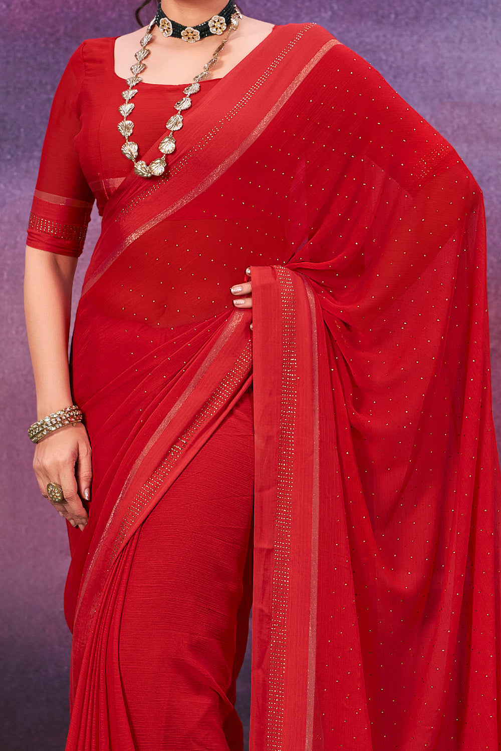 In-Sattva Women's Heritage Handloom Silk Chiffon Saree; Indigo Red