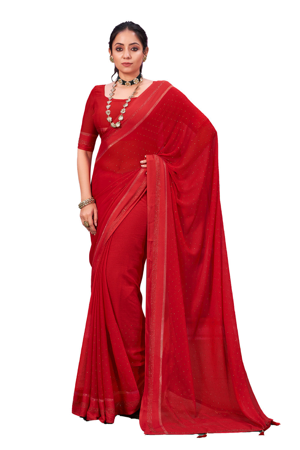 In-Sattva Women's Heritage Handloom Silk Chiffon Saree; Indigo Red