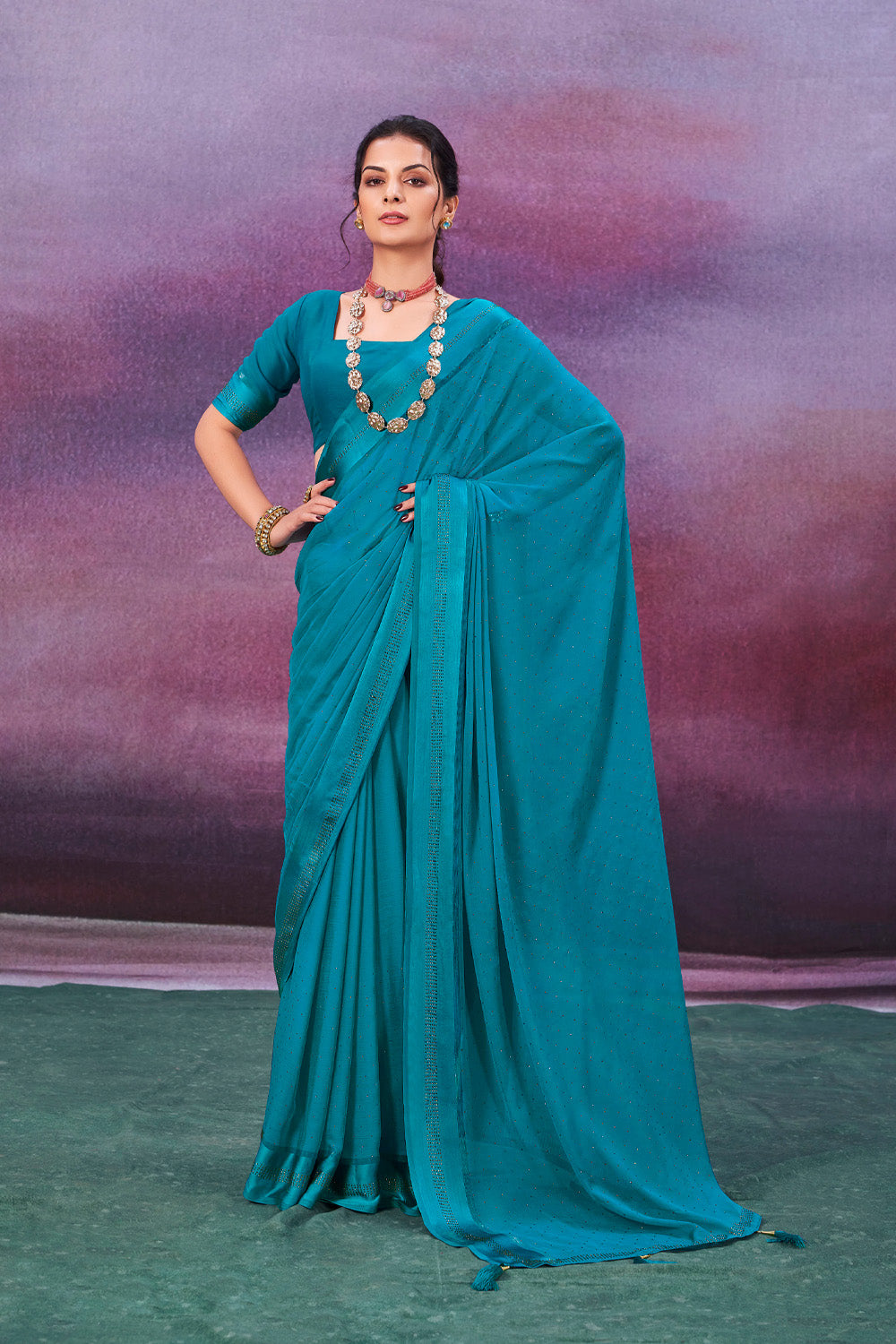 In-Sattva Women's Heritage Handloom Silk Chiffon Saree; Iris Blue