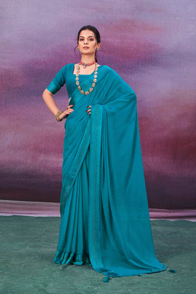 In-Sattva Women's Heritage Handloom Silk Chiffon Saree; Iris Blue