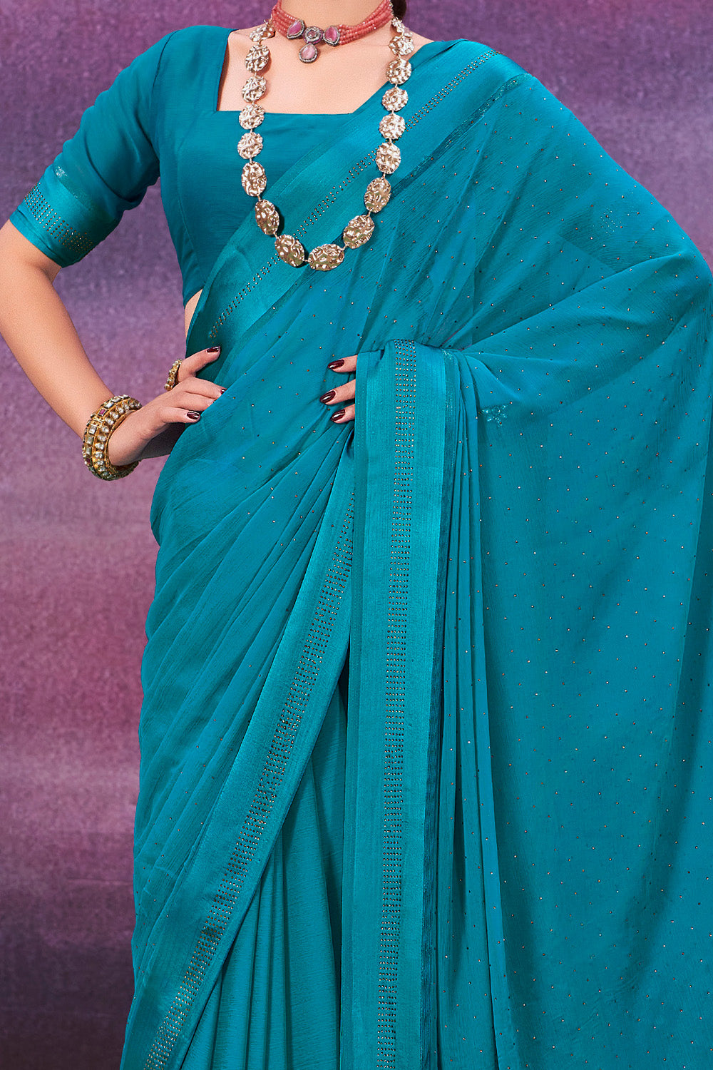 In-Sattva Women's Heritage Handloom Silk Chiffon Saree; Iris Blue