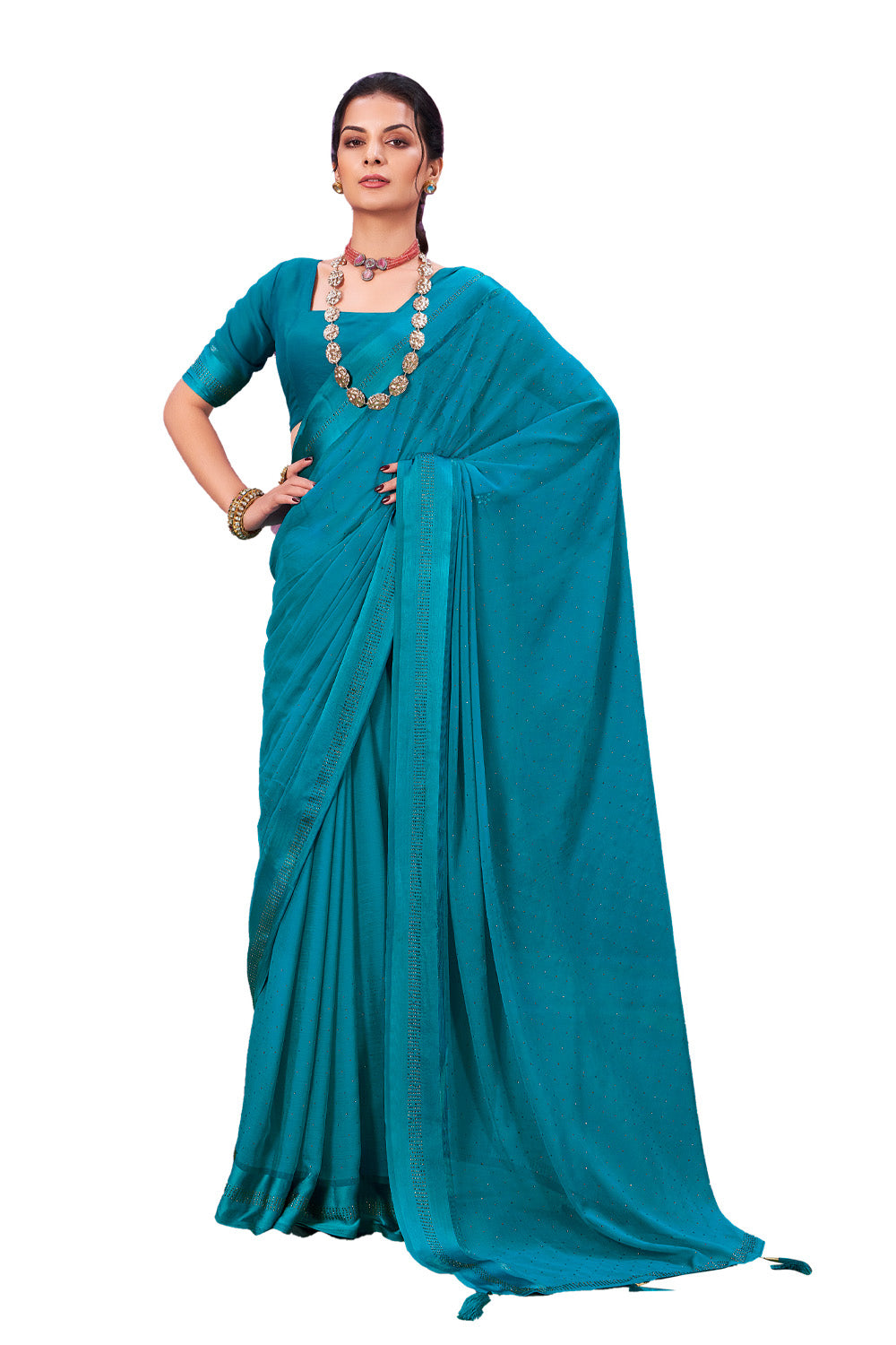 In-Sattva Women's Heritage Handloom Silk Chiffon Saree; Iris Blue