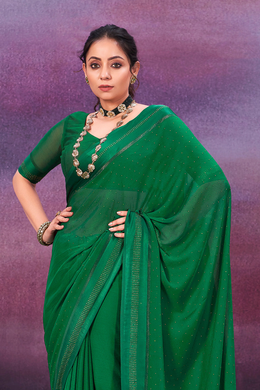 In-Sattva Women's Heritage Handloom Silk Chiffon Saree; Pine Green