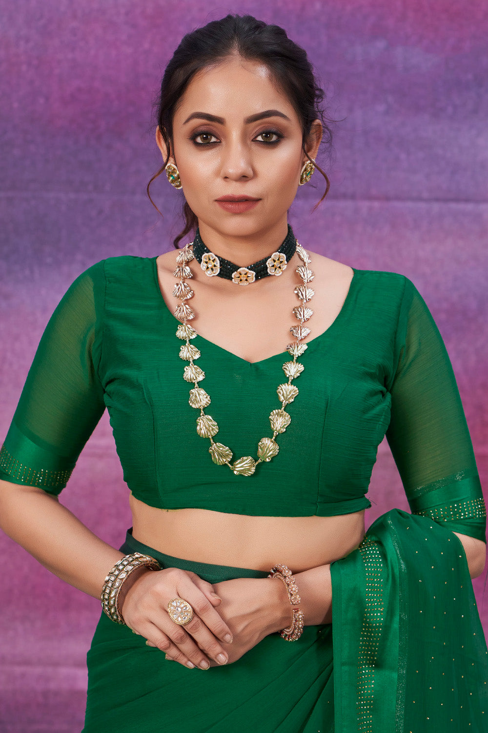 In-Sattva Women's Heritage Handloom Silk Chiffon Saree; Pine Green