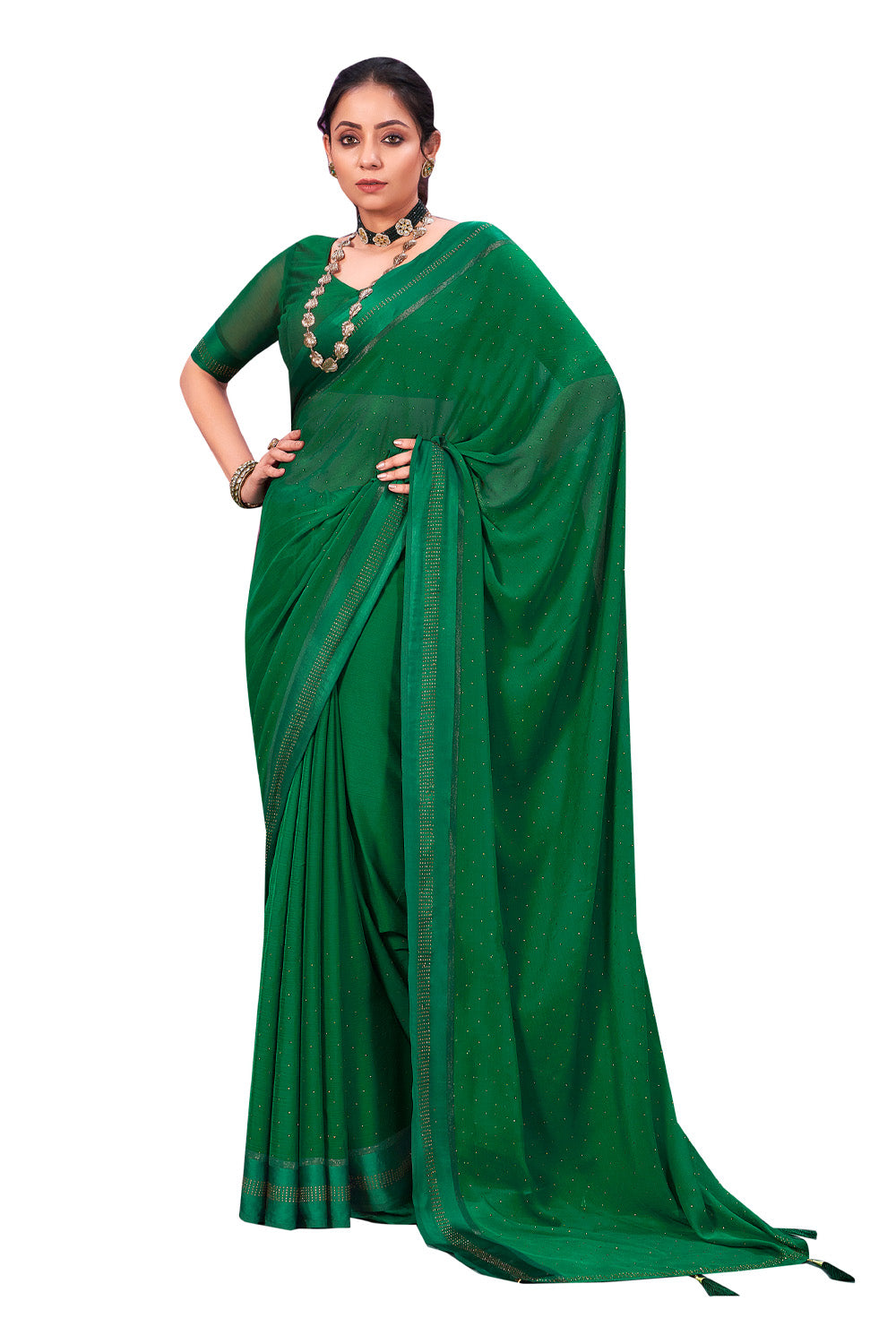 In-Sattva Women's Heritage Handloom Silk Chiffon Saree; Pine Green