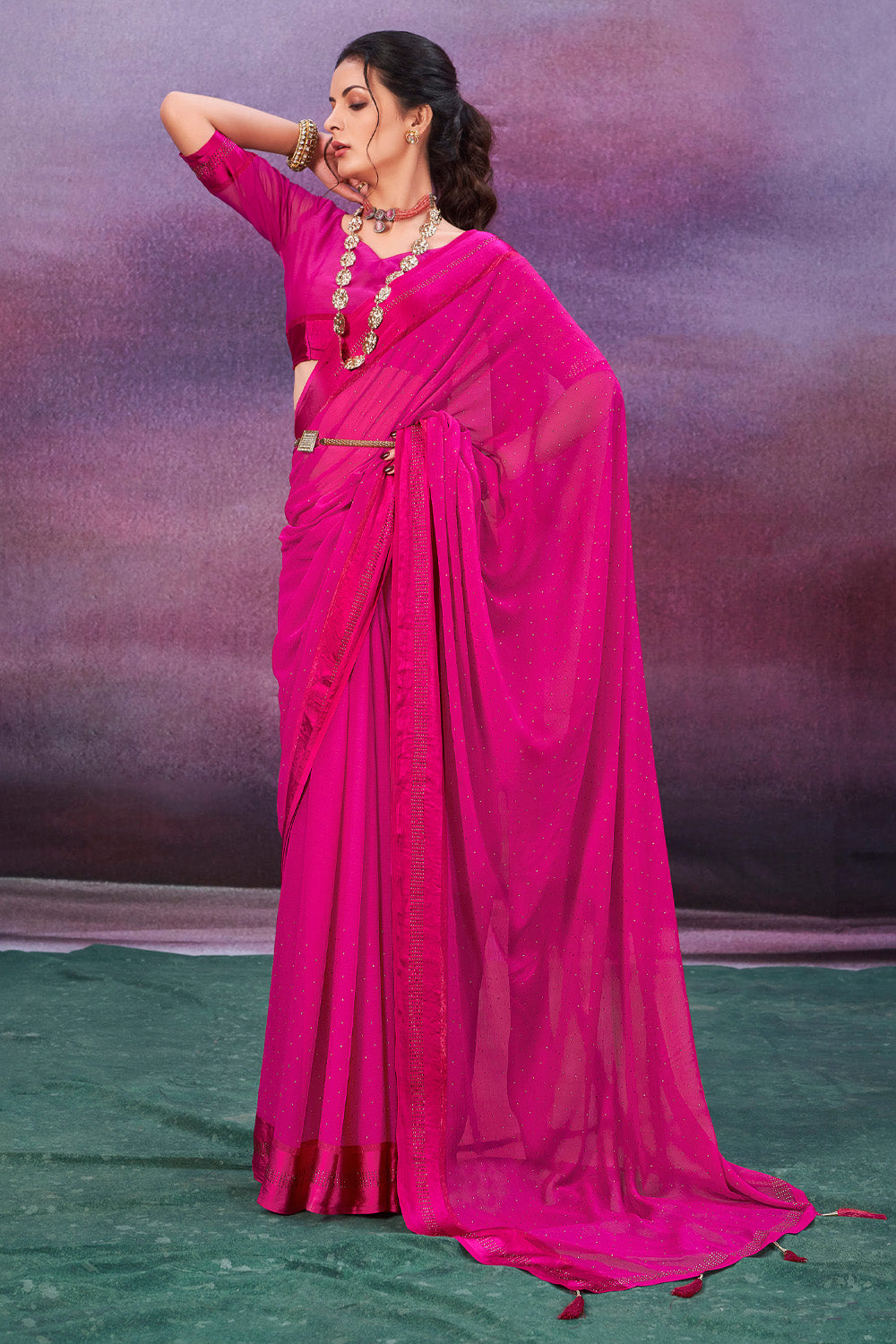 In-Sattva Women's Heritage Handloom Silk Chiffon Saree; Hot Pink