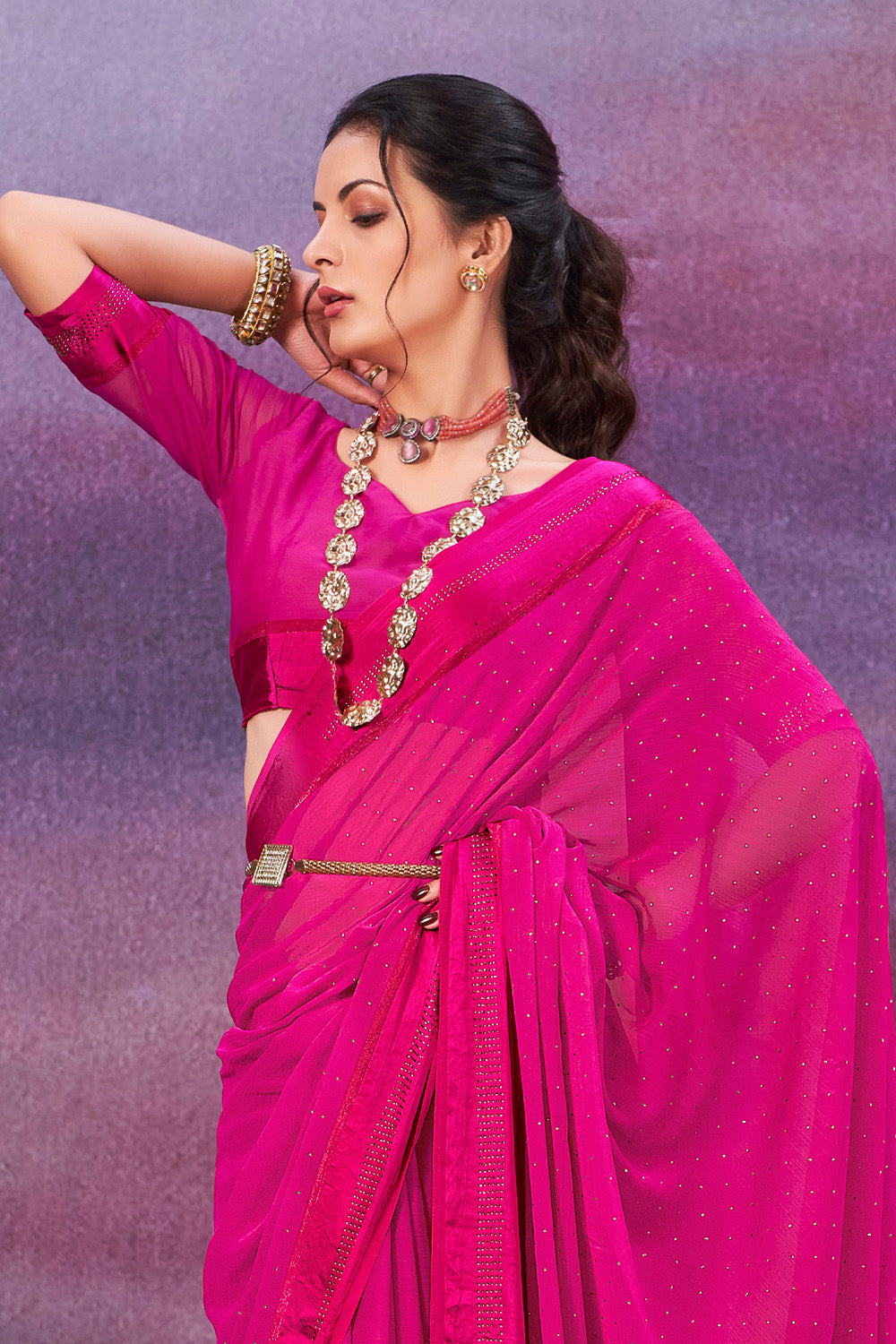 In-Sattva Women's Heritage Handloom Silk Chiffon Saree; Hot Pink