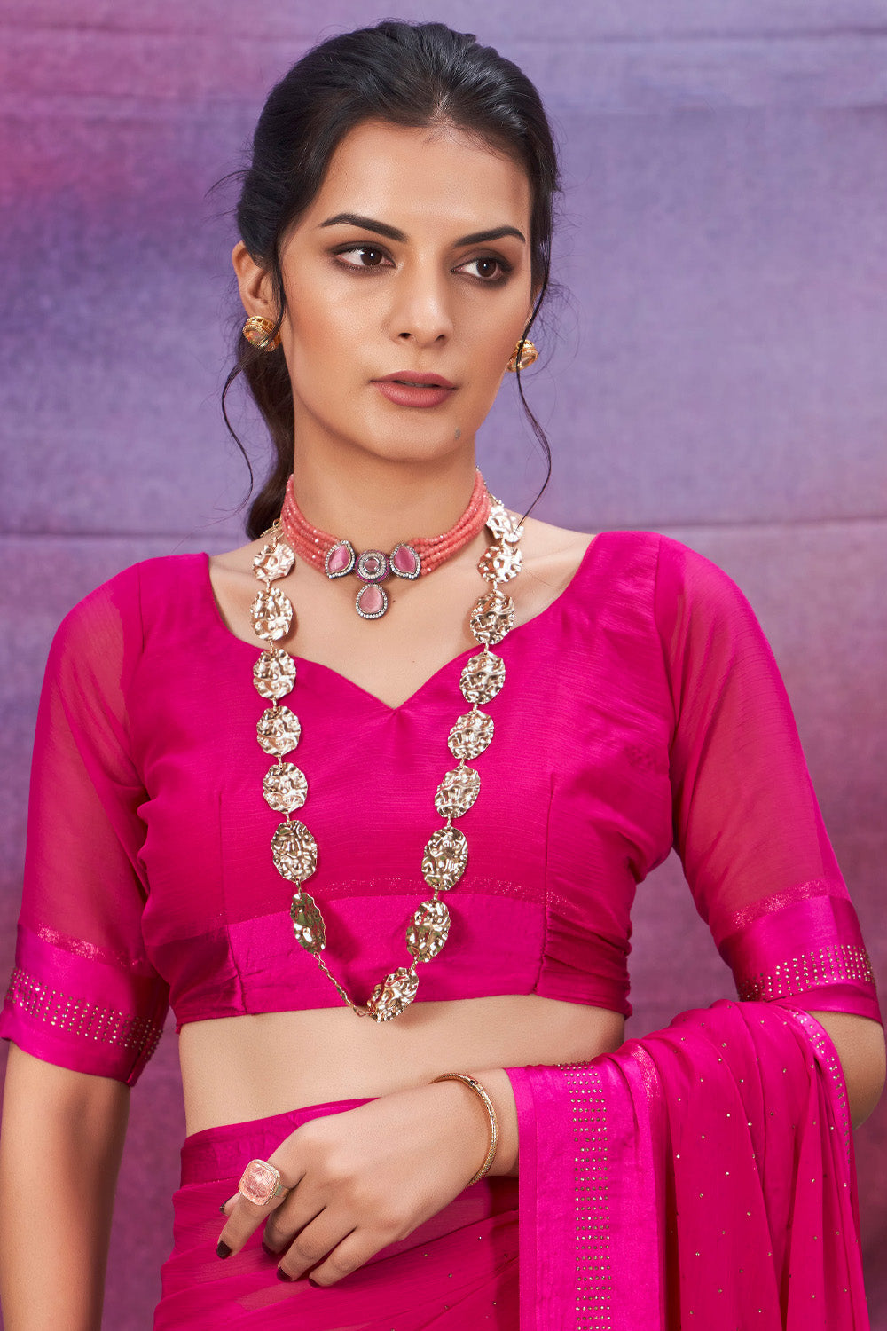 In-Sattva Women's Heritage Handloom Silk Chiffon Saree; Hot Pink