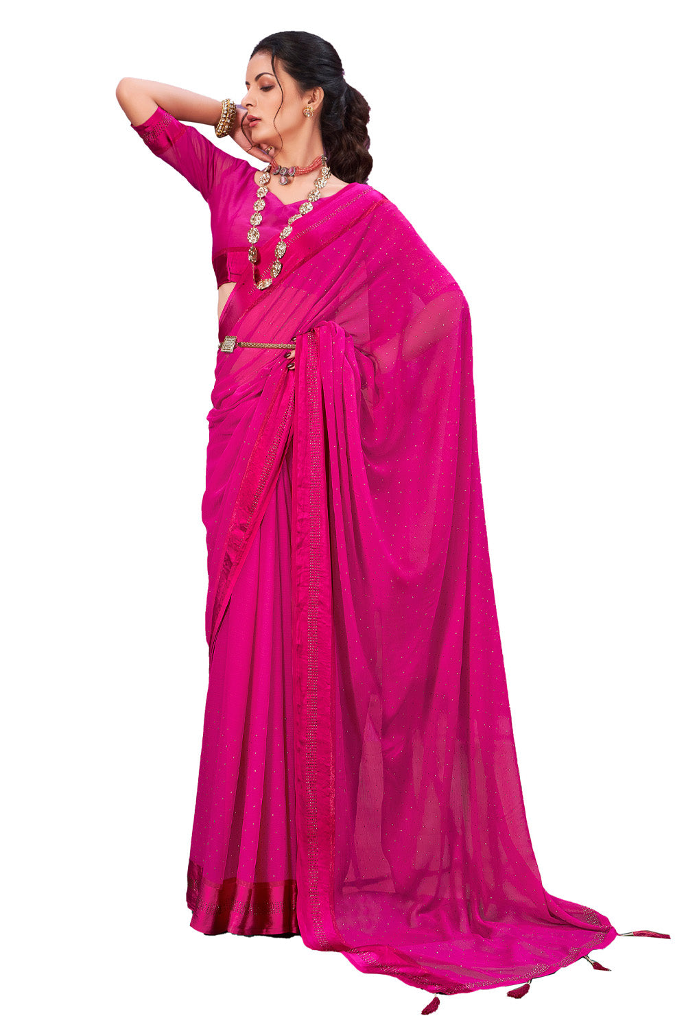In-Sattva Women's Heritage Handloom Silk Chiffon Saree; Hot Pink