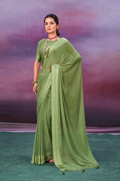 In-Sattva Women's Heritage Handloom Silk Chiffon Saree; Lime Green