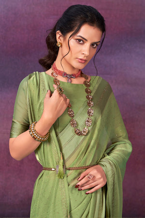 In-Sattva Women's Heritage Handloom Silk Chiffon Saree; Lime Green