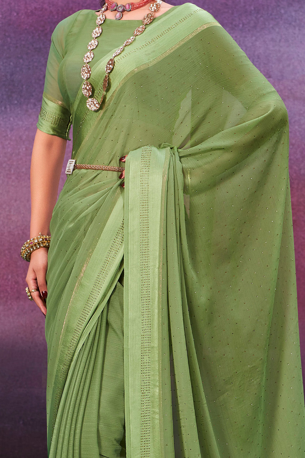 In-Sattva Women's Heritage Handloom Silk Chiffon Saree; Lime Green