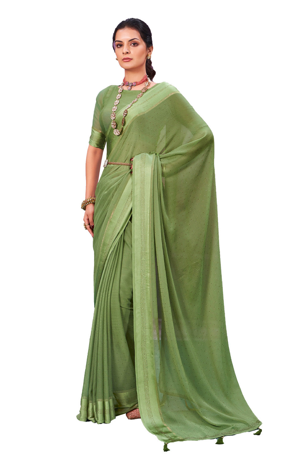 In-Sattva Women's Heritage Handloom Silk Chiffon Saree; Lime Green