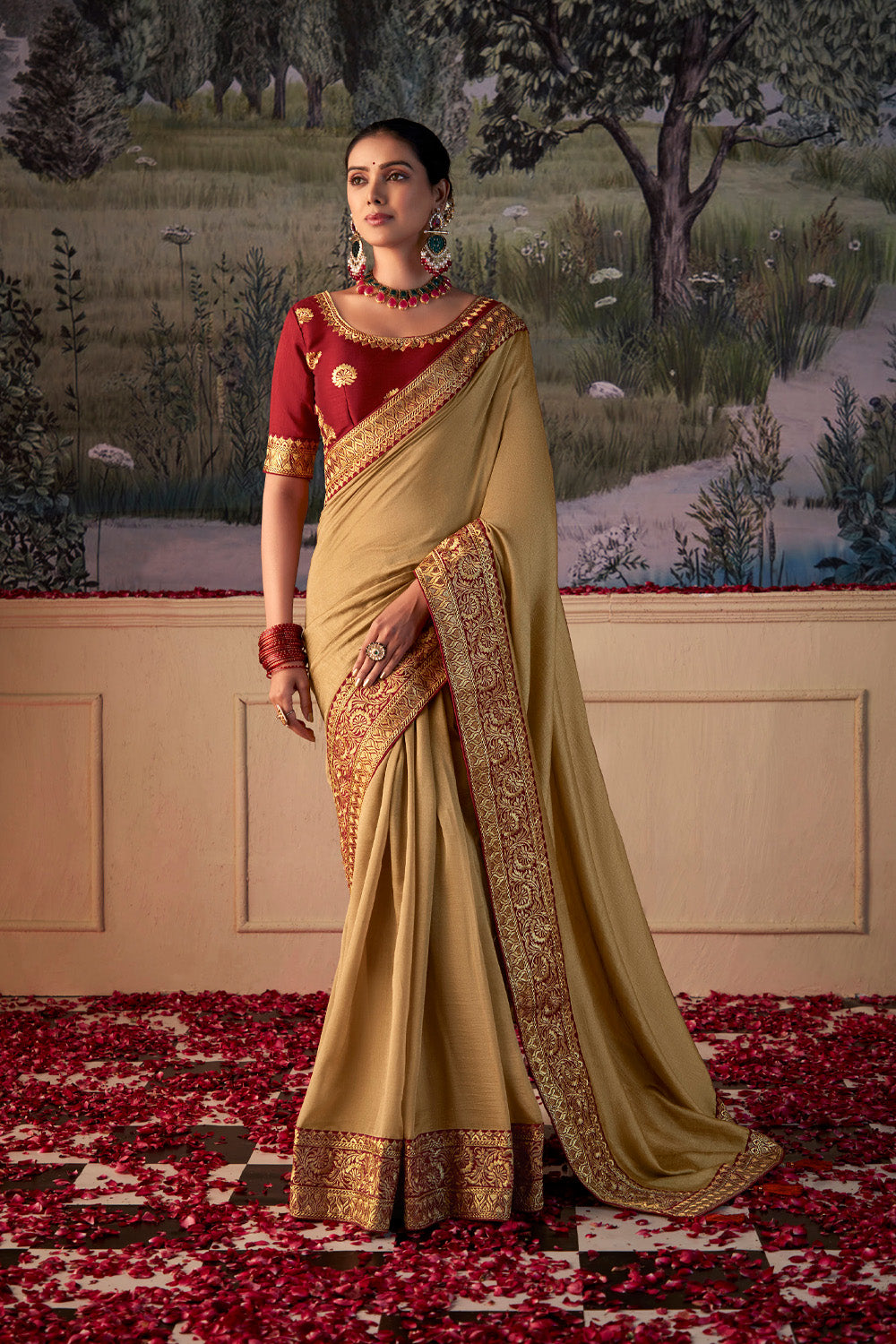 In-Sattva Women's Heritage Vichitra Patola Art Silk Saree; Golden Beige