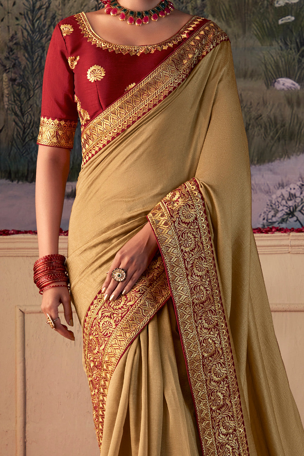In-Sattva Women's Heritage Vichitra Patola Art Silk Saree; Golden Beige