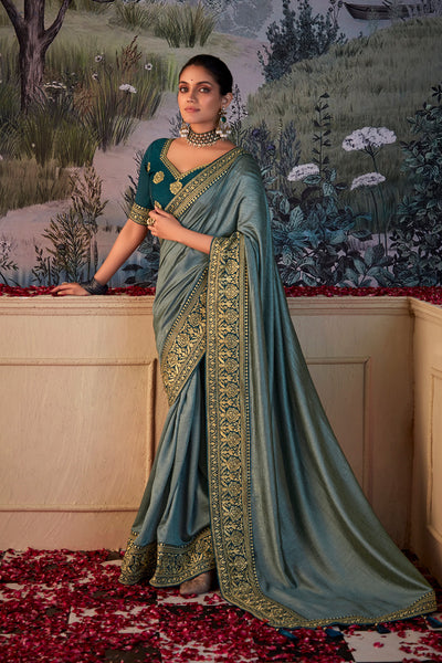In-Sattva Women's Heritage Vichitra Patola Art Silk Saree; Lagoon Green