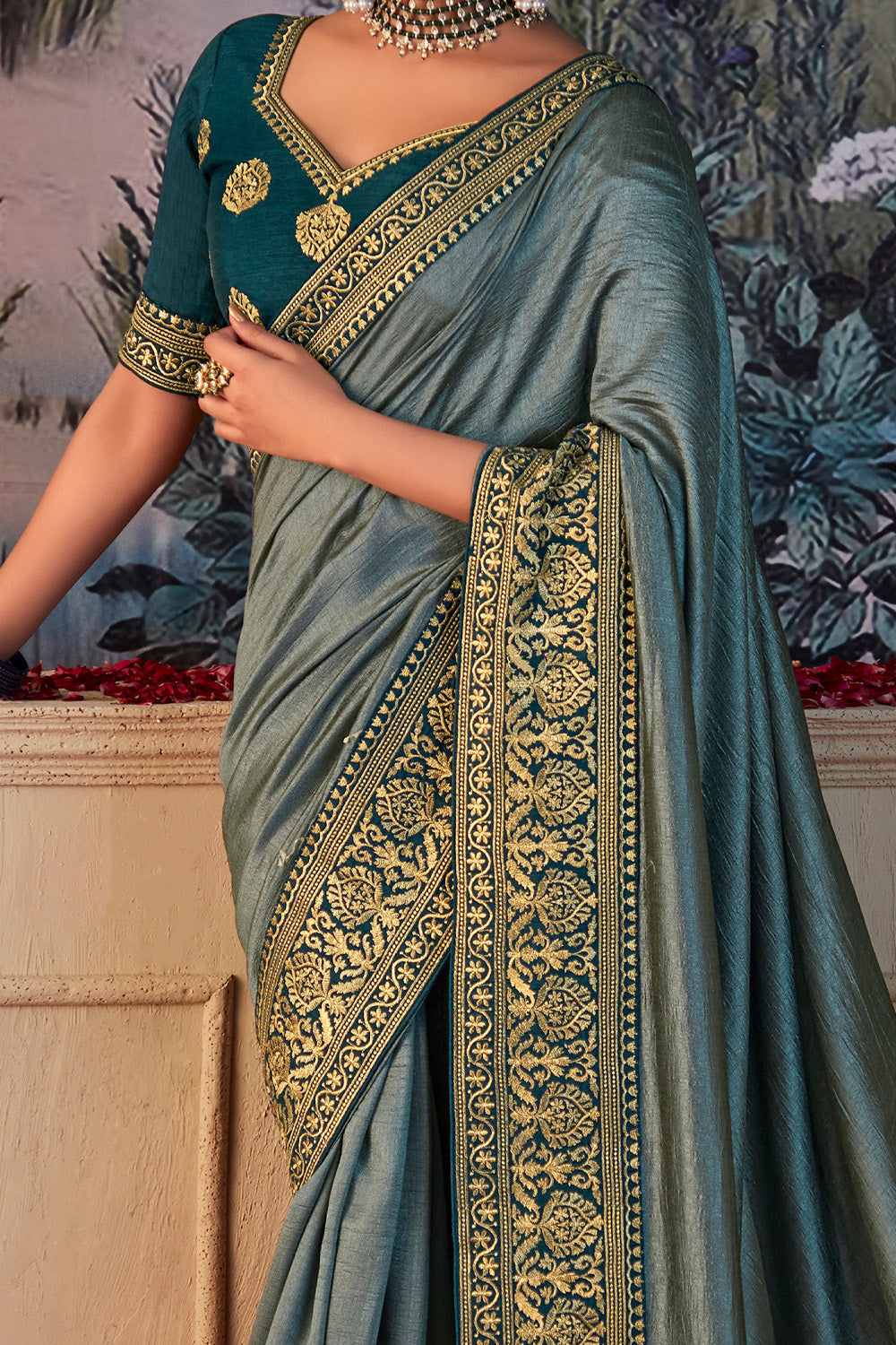 In-Sattva Women's Heritage Vichitra Patola Art Silk Saree; Lagoon Green