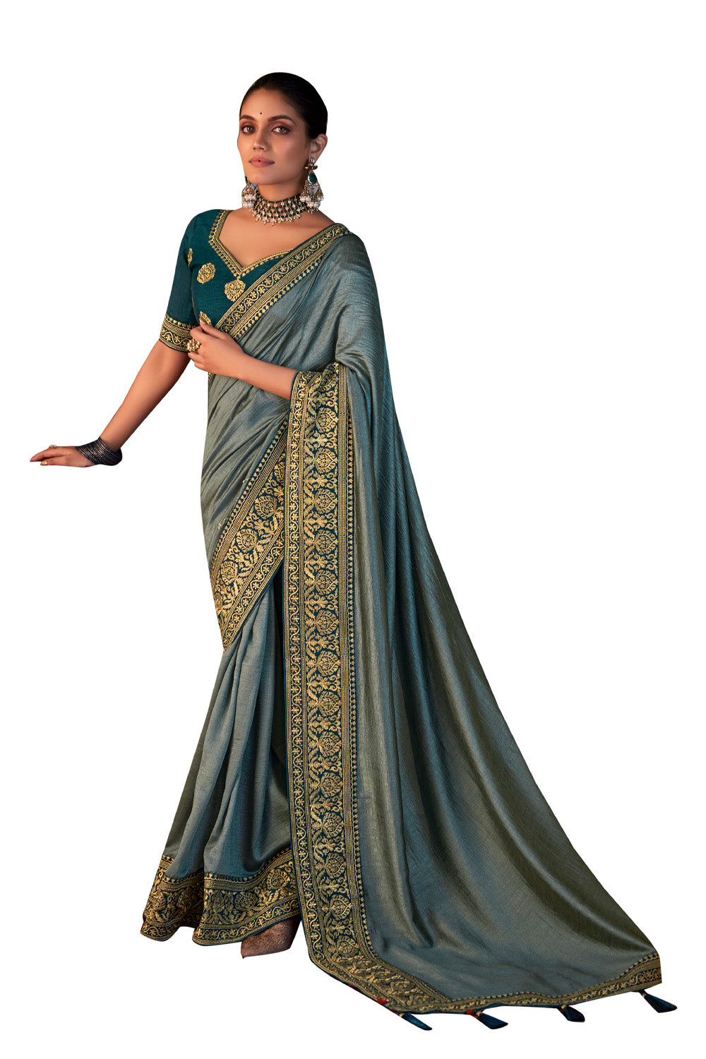 In-Sattva Women's Heritage Vichitra Patola Art Silk Saree; Lagoon Green