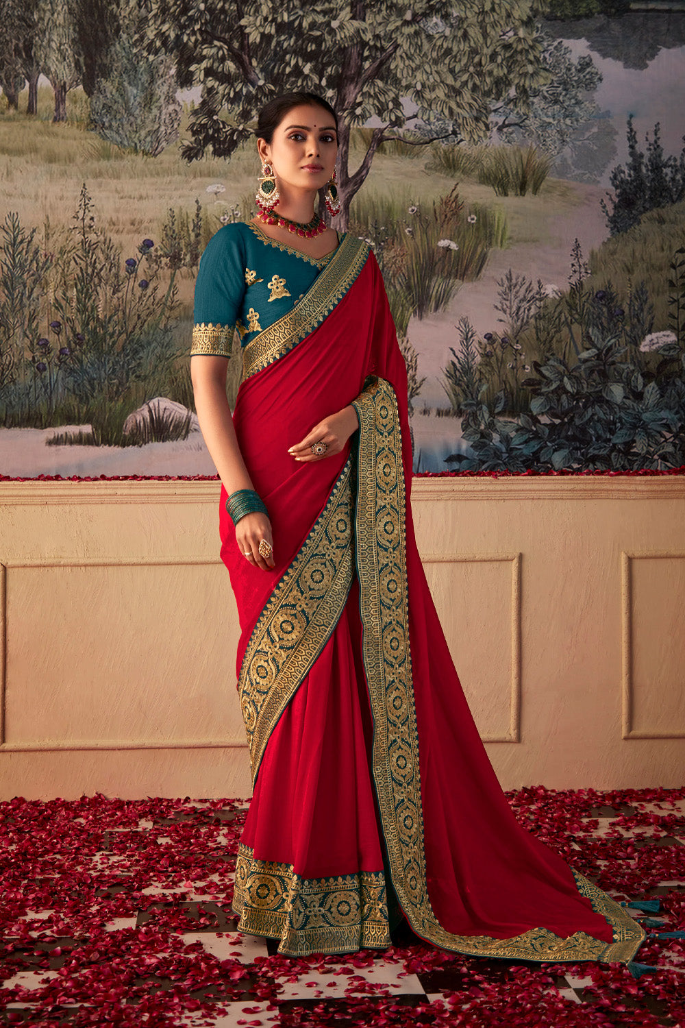 In-Sattva Women's Heritage Vichitra Patola Art Silk Saree; Rustic Red