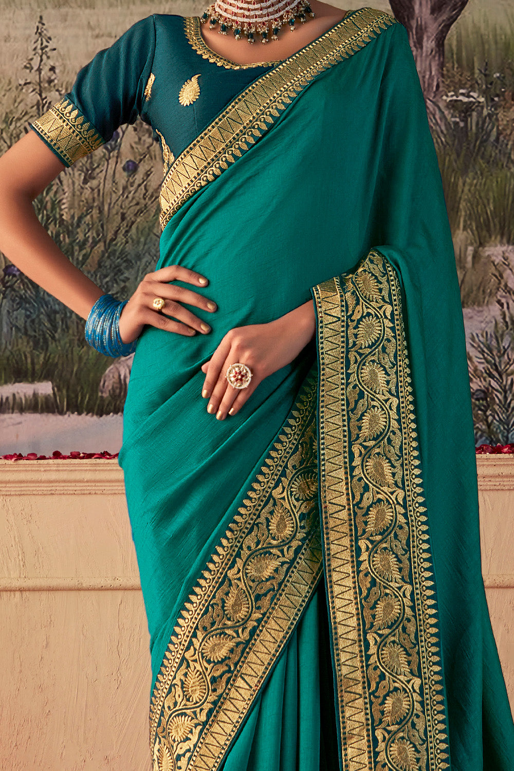 In-Sattva Women's Heritage Vichitra Patola Art Silk Saree; Turquoise Green
